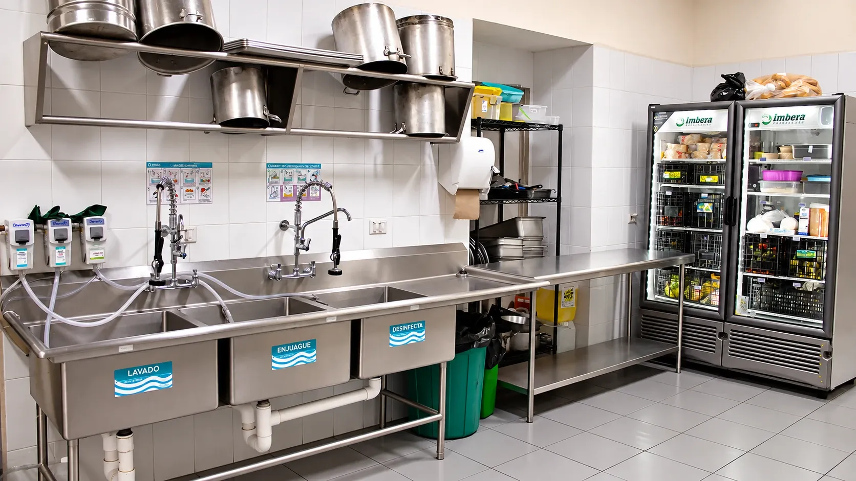 Kitchen washing area with steel sinks and refrigerators